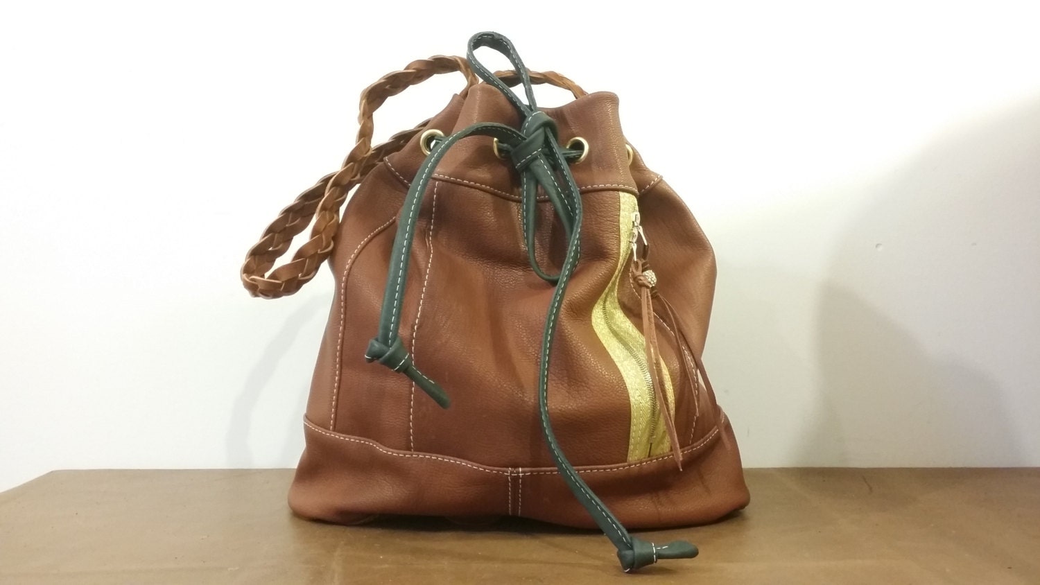 Soft Brown Leather Drawstring Bucket Bag by