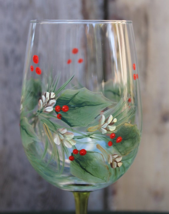 Hand Painted Christmas Wine Glasses Set of 2 Green Stem