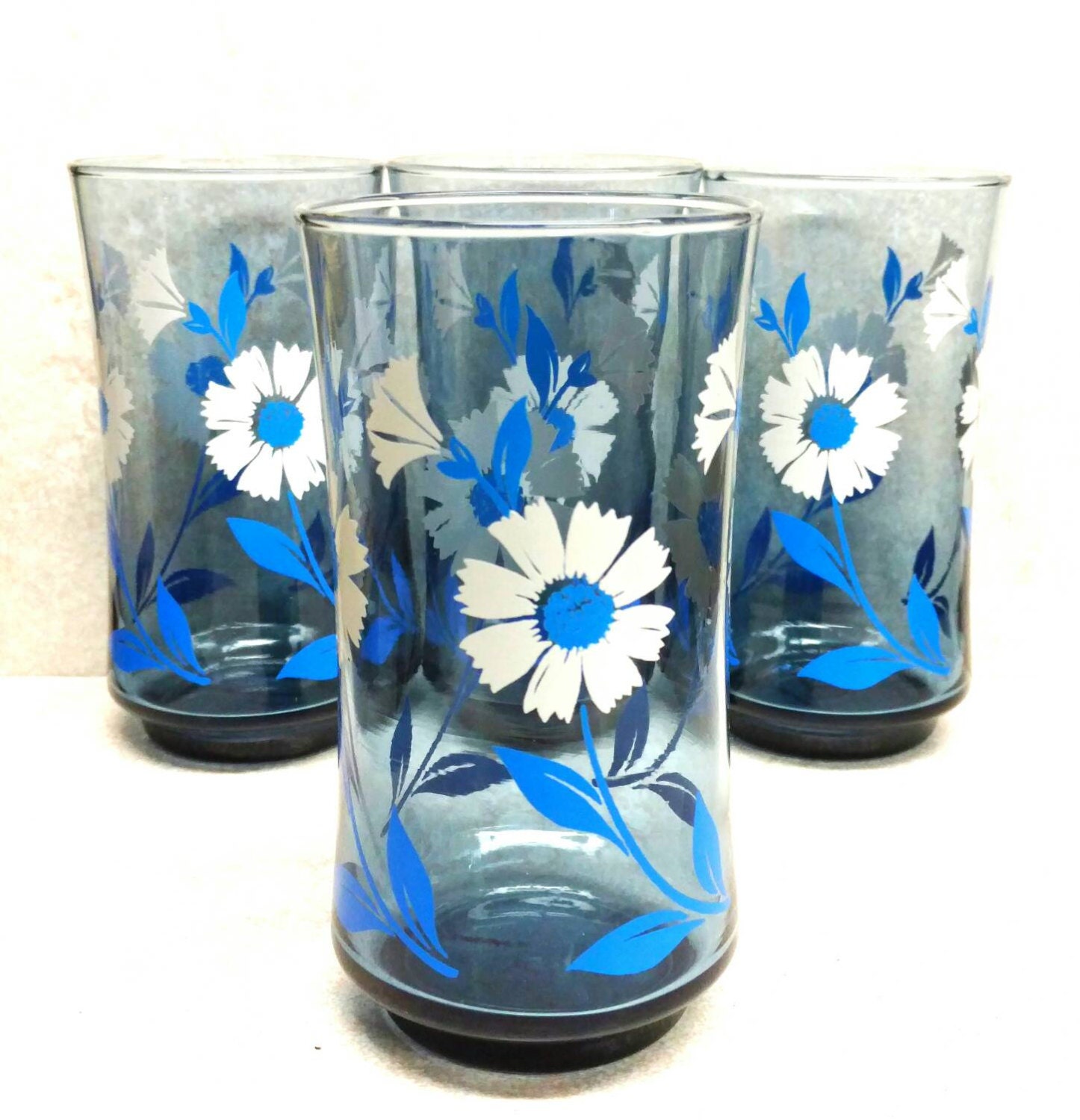 Blue Drinking Glasses Libbey Drink Ware Floral Tumblers Set of