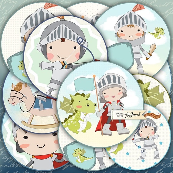 Little Knight - 2.5 inch circles - set of 12 - digital collage sheet - pocket mirrors, tags, scrapbooking, cupcake toppers
