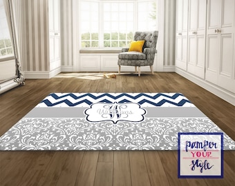 Monogrammed Rug, Monogrammed Livingroom, Personalized Rug, Navy and Gray Area Rug - Chevron and Damask Rug - Bedroom Rug - Matching Rug