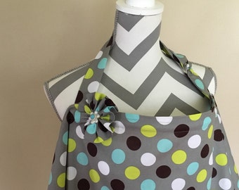 Grey Nursing Cover - grey polka dots grey breastfeeding cover hooter hider with a fabric flower clippie - Ready to ship