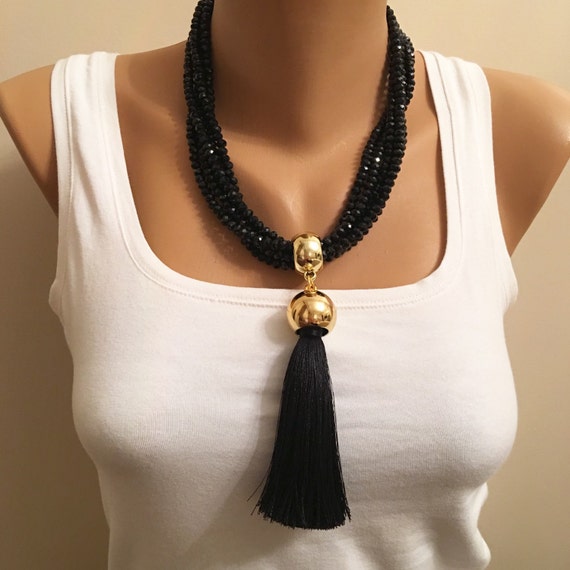 Black Crystal Tassel Necklace Black Crystal NecklacesCrystal