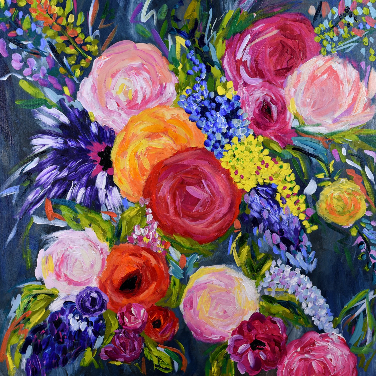 Large Bold Abstract Floral Still LIfe Bright Bouquet