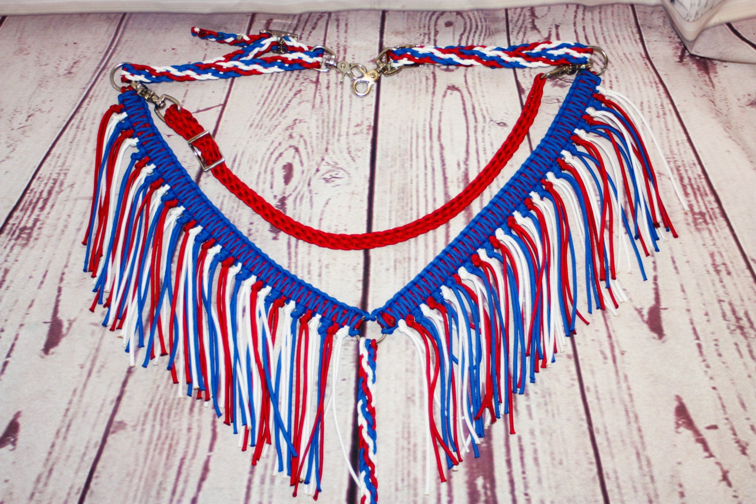 Fringe breast collar horse tack red white and blue