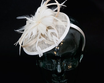 Champagne Sinamay headband fascinator, accented with feathers and flower