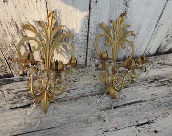 Antique Vintage Florentine Italian Italy Tole Prism Wall Sconce Pair Metal