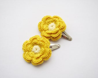 Yellow hair clips, Crochet flowers, set of 2, Girls hair accessories