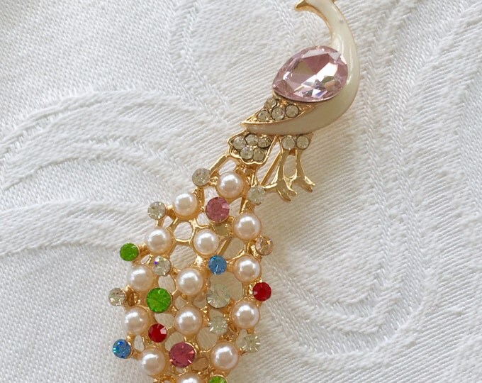 Peacock Brooch, Pearl Rhinestone, Vintage Peacock Pin, Bird Jewelry