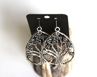 Silver Large Tree of Life Teardrop Earrings