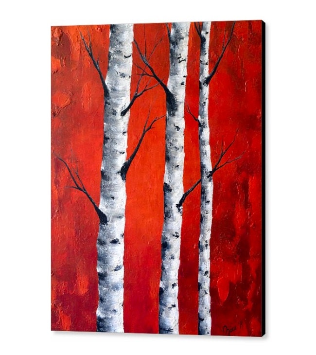 Red wall decor large wall art birch tree painting by