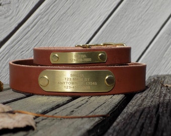 Personalized Brown Leather Dog Collar with FREE Engraved Name Plate Brass Name Tag