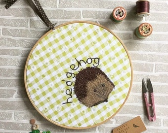 SALE Freehand Machine Embroidery Design, Wall Hanging, Hedgehog Design, 10 inch Hoop, Embroidery Hoop, Wall Art, Hedgehog Gifts, Fathers Day