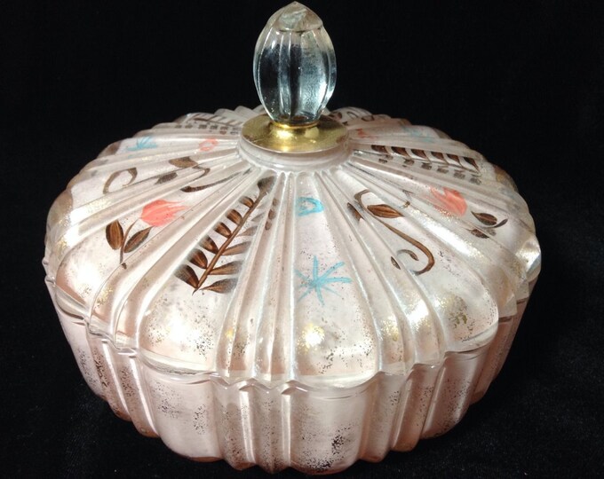 Anchor Hocking Glass Powder Box Old Cafe Reverse Painting Depression Glass