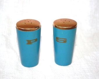 Vintage Set Mid Century Blue and Copper Salt and Pepper Shakers