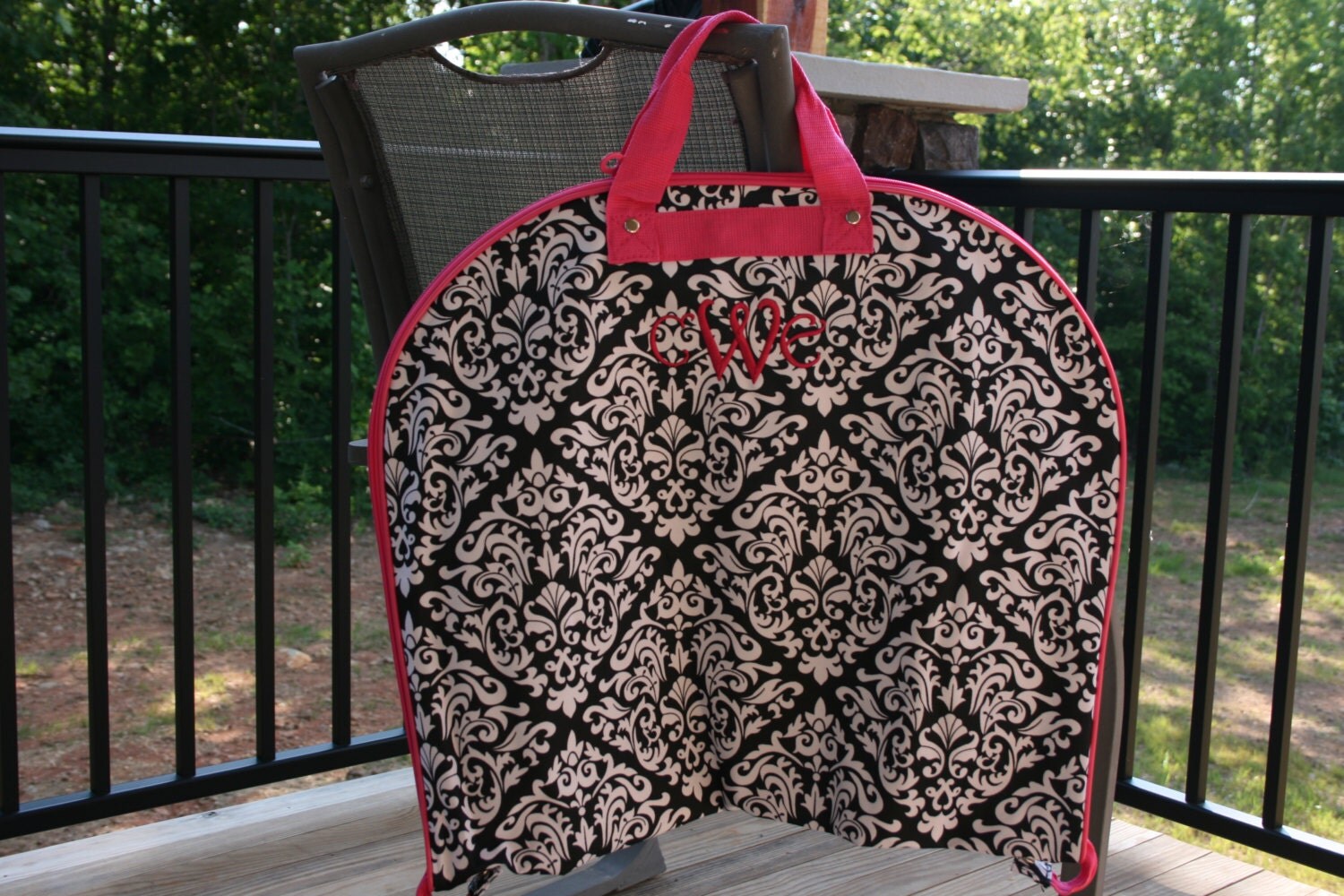 Monogrammed Garment Bag Black Damask Pink Trim Custom