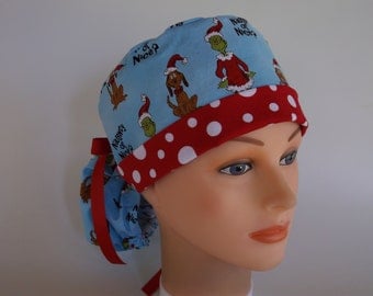 Naughty or Nice Grinch fabric Ponytail - Womens lined surgical scrub cap, Nurse surgical scrub hat, 133/131-4310 W