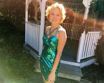 80s Halter Glam Prom Dress, Green Sequin Dress, Sequin Mini Dress, Vintage Mermaid Dress, Halloween Costume, Sequin Halter Dress, XS-Small