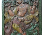 Vintage Hand Carved Wooden Wall Plaque Yoga Room Carving Dancing Krishna