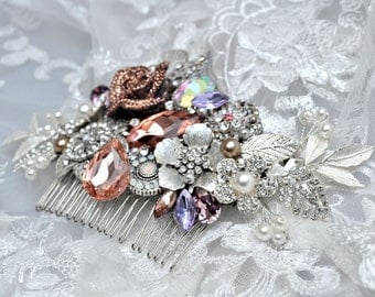 Cristallo Swarovski Peach Champagne lilla tanzanite e Classic Silver Gatsby Vintage rosa dei capelli nuziale pettine pezzo scorrevole