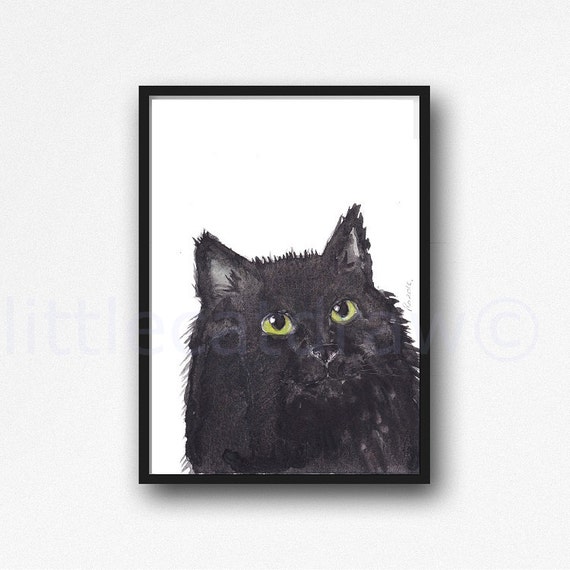 Cat Print Fluffy Black Cat Watercolor Painting Cat Lover Gift