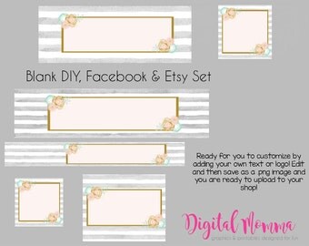 Blank Peach Mint Floral Shop Graphics, Watercolor Floral Facebook, Etsy Set, Instant Download!