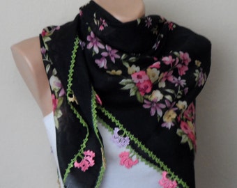 black scarf pink flower purple green yellow turkish yemeni scarf crochet oya scarf