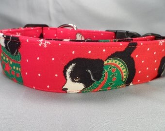 Wide Dog Collar, 1.5 inch wide Christmas Dog Collar, Christmas Puppies on Red