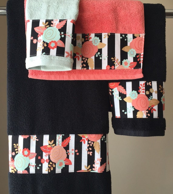 Coral Mint black Towels hand towels bath towels by AugustAve
