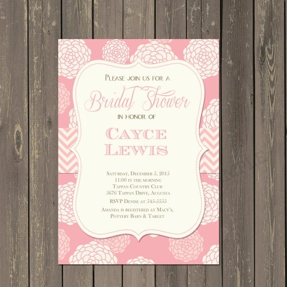 Floral Bridal Shower Invitation in Pink and Cream with Chevron Ribbon, Modern Blooms Floral Shower invite, Printable or Printed Il_570xn