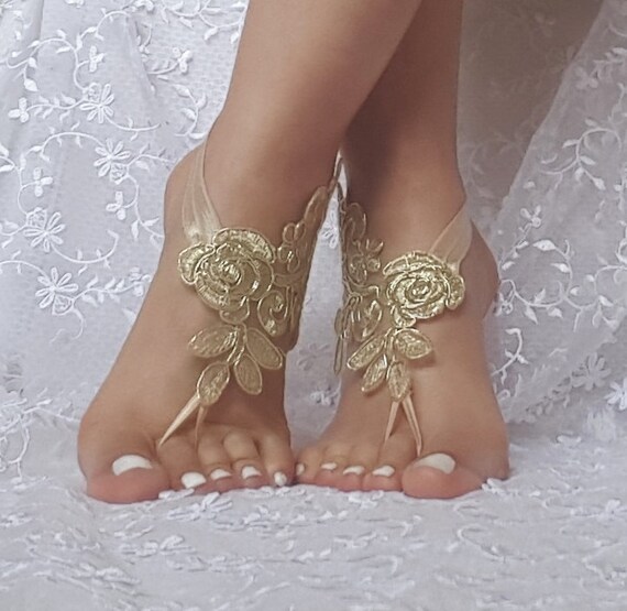 Gold beach sandals barefoot lace free ship bridal burlesque wedding shoe sexy bellydance show party beachlife