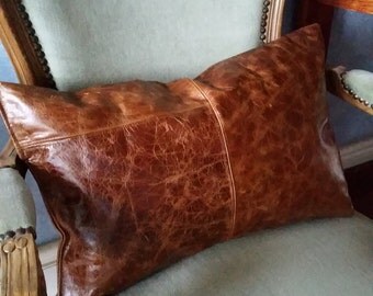 Genuine Cracked Leather Cushion. styling, Handmade by Kittyandzac Australia