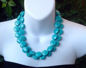 Chunky Turquoise Necklace. Turquoise Neckace. Double Strand Turquoise Necklace. Coin Turquoise Necklace. Matching Earrings.