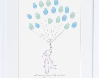 Baby Shower guest book, Keepsake art, elephant holding fingerprint balloons, nursery art, baby decor,custom art, baby shower activity, print
