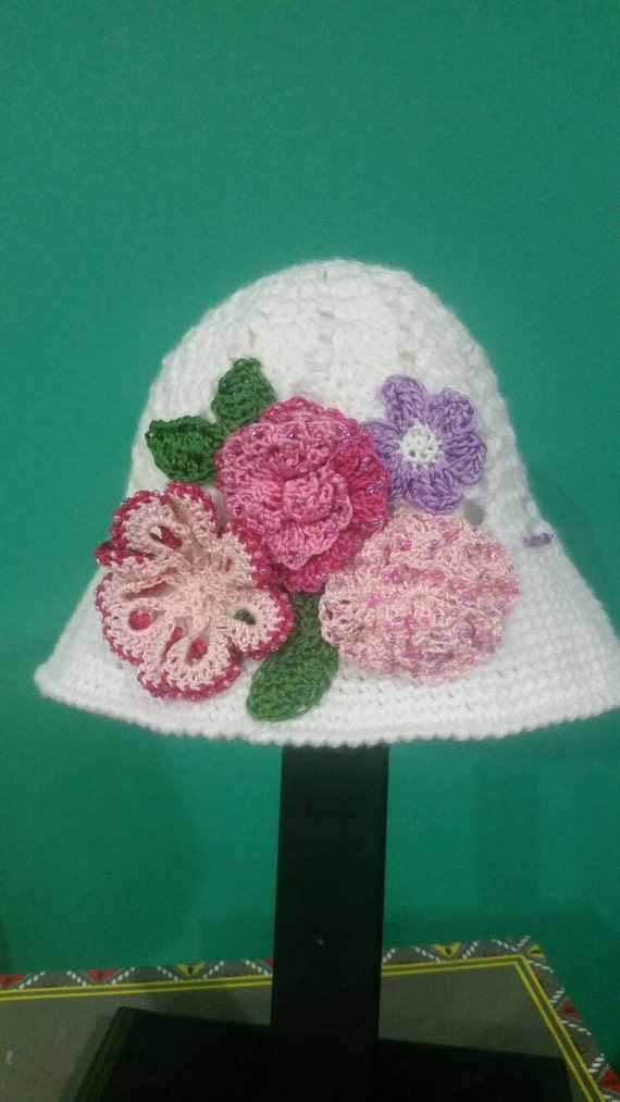 Spring Cloche Panama Hand Beaded Flower Crochet Hat