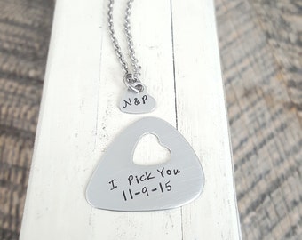 Personalized Guitar pick hand stamped jewlery his and her gift heart necklace I pick you  cut out heart steel anniversary  gift 11 years