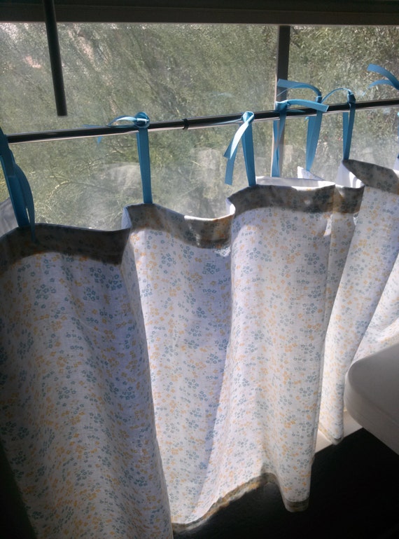 Cafe Curtains Blue Yellow Floral Print Country by WeepingWillowHD