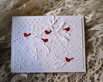 Handmade Greeting Card: Red Cardinals, Winter Scene, Snowflakes, white on white