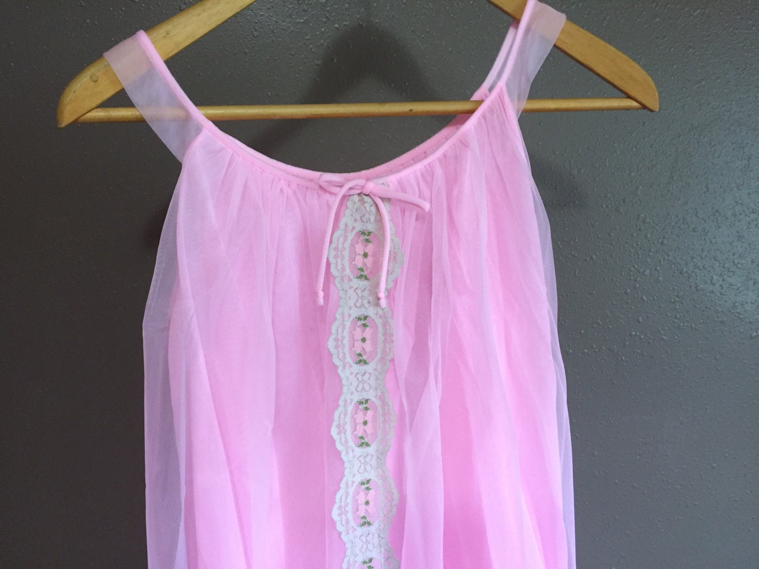 Retro Pink Baby Doll Night Gown/Negligee with Sheer Overlay