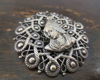 French Antique Silver Brooch Pin - Round Lace with