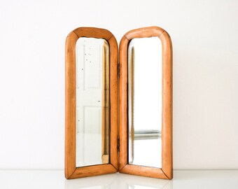 antique wood mirror, table mirror, wood frame mirror, beautiful antique wooden bi-fold table top mirror, beveled, dovetailed, vintage