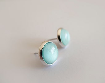 Mint Silver Round Stud Earrings - Hypoallergenic Surgical Steel Posts