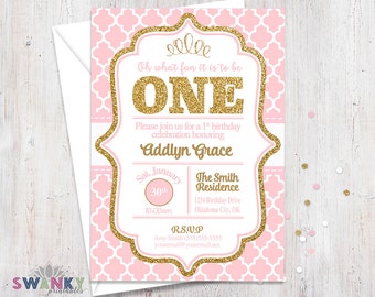 Pink and Gold Glitter Birthday Invitation Pink by SwankyDesignCo