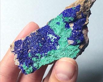 Azurite Malachite on Quartz Druzy Fibrous Crystal Cluster Morocco