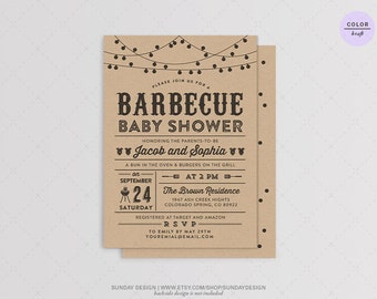Kraft Paper Lights BBQ Baby Shower Invitation Card - DIY Printable Digital Party File - Barbecue Party