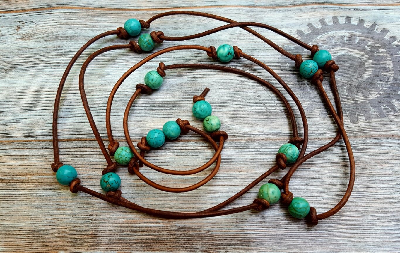 Turquoise leather necklace beaded lariat necklace leather