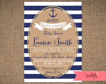 Nautical Baby Shower Invitation Ahoy It's a Boy Invitation Anchor Invite Gold and Navy Stripes DIY Printable Invite by Sparklefly Paperie