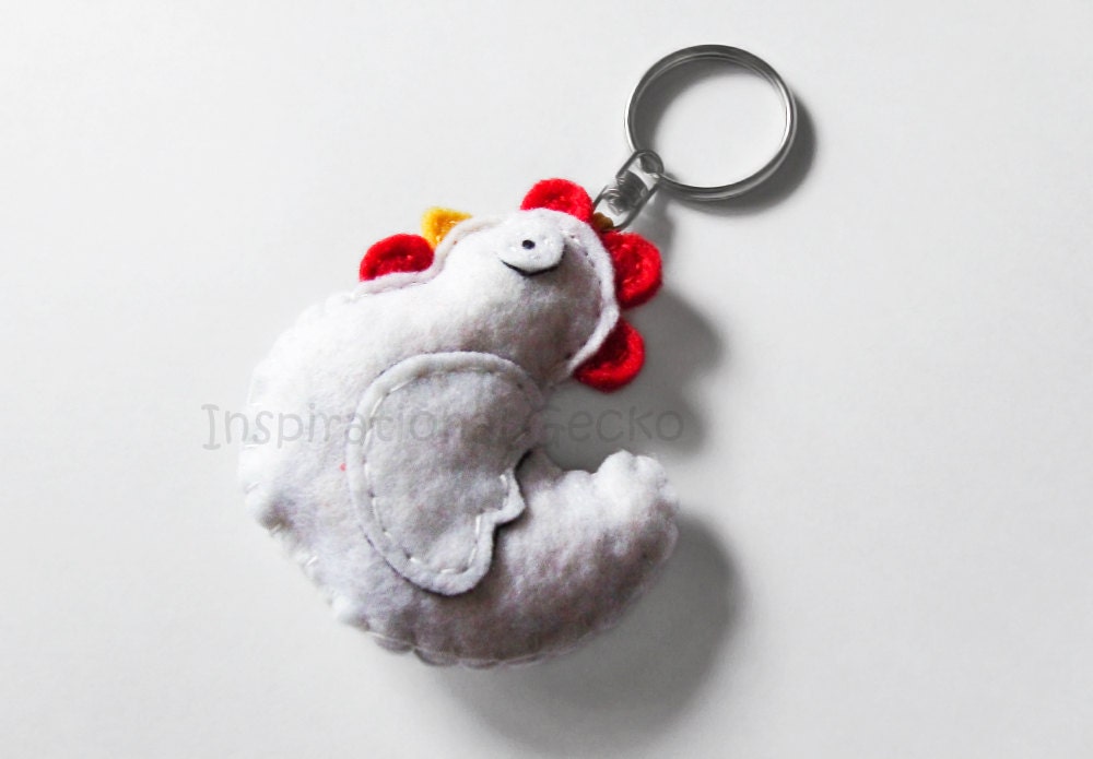Felt chicken keychain cute white hen keyring and purse