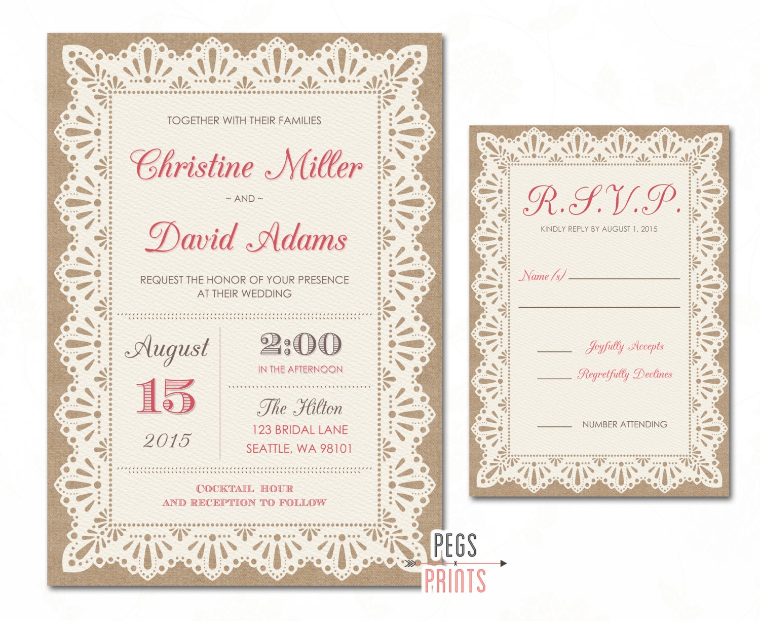 Burlap and Lace Wedding Invitations Rustic Wedding by PegsPrints
