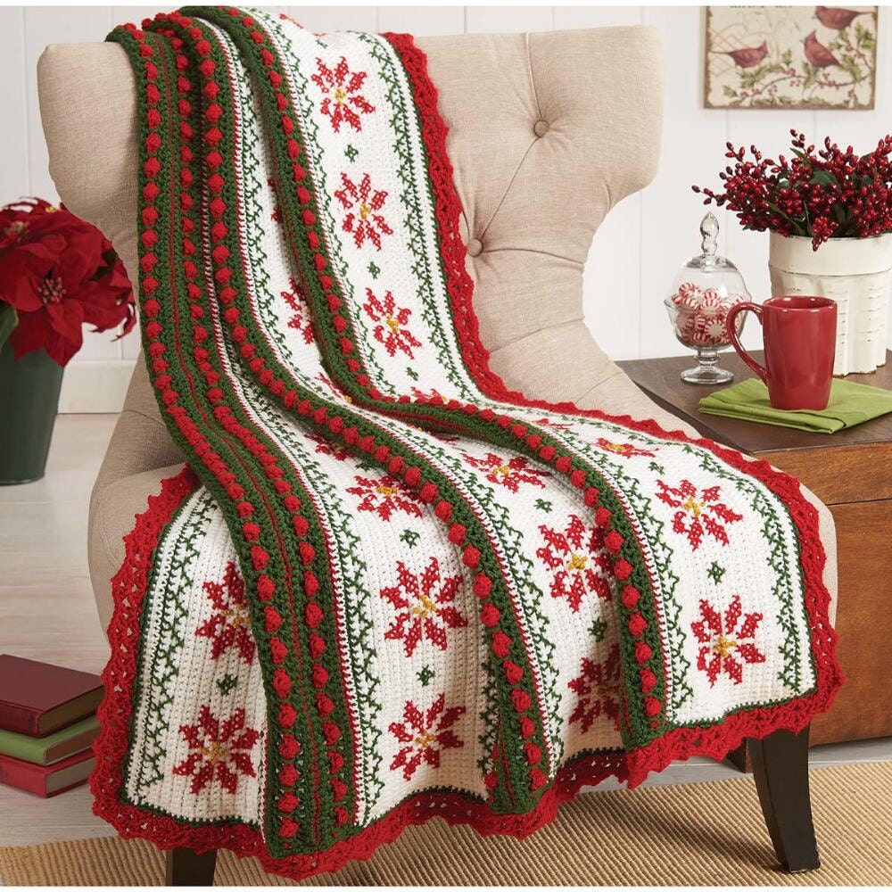 Herrschners Winter Poinsettia Afghan Christmas Crochet Afghan